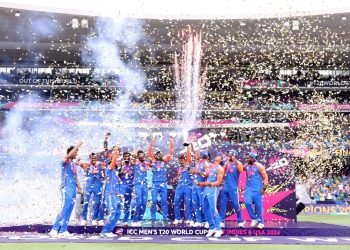 The confetti comes down on the triumphant India players, India vs South Africa, T20 World Cup final, Bridgetown, Barbados, June 29, 2024