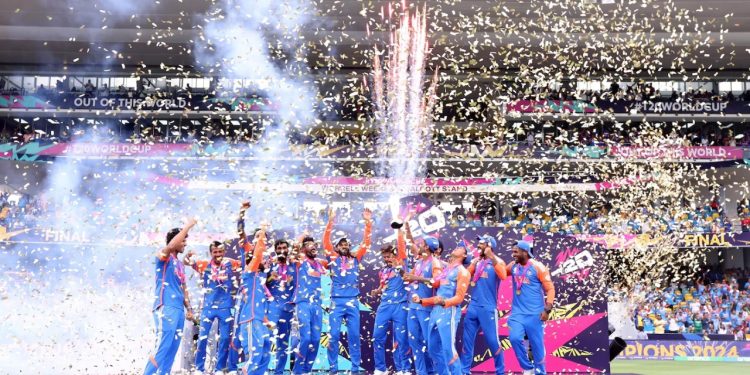 The confetti comes down on the triumphant India players, India vs South Africa, T20 World Cup final, Bridgetown, Barbados, June 29, 2024