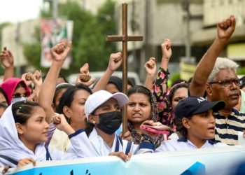 Around 60 demonstrators gathered in the southern city of Karachi (Rizwan TABASSUM)/AFP