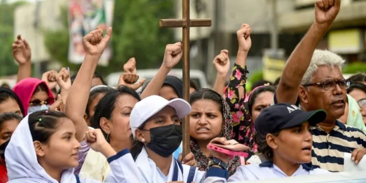 Around 60 demonstrators gathered in the southern city of Karachi (Rizwan TABASSUM)/AFP