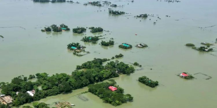 An aerial view shows deluged land after floods in Bangladesh's Sylhet district on June 21 (Munir uz zaman)/AFP
