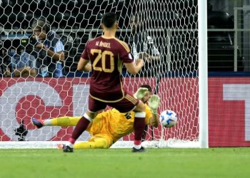Venezuela's Wilker Angel sees his penalty saved by Canada's Maxime Crepeau in the Copa America quarter-final on Friday. (JUAN MABROMATA)/AFP