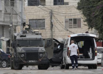 Members of the Israeli forces inside an armoured vehicle check an ambulance during a military operation in the West Bank city of Jenin, Wednesday, Aug. 28, 2024. (AP Photo/Majdi Mohammed)ASSOCIATED PRESS