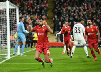 Cody Gakpo celebrates scoring Liverpool's second goal in their win over Real Madrid (Oli SCARFF) (Oli SCARFF/AFP/AFP)