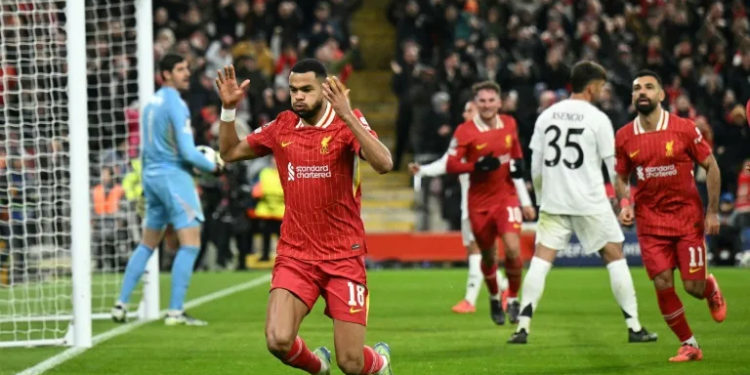 Cody Gakpo celebrates scoring Liverpool's second goal in their win over Real Madrid (Oli SCARFF) (Oli SCARFF/AFP/AFP)