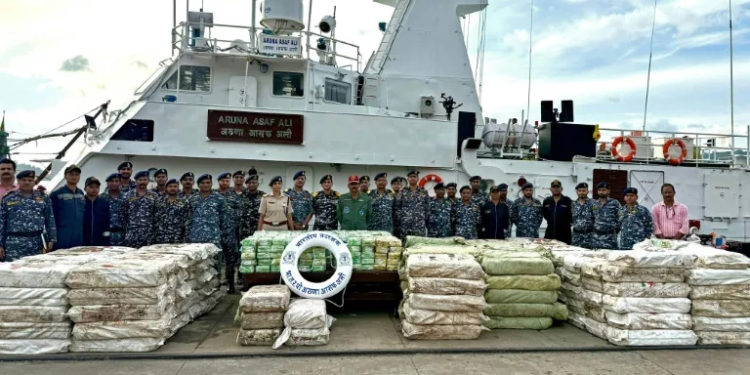 India's coast guard says they seized their biggest haul of illicit drugs when they stopped a fishing boat smuggling 5.5 tonnes of methamphetamine from Myanmar (-) (-/India's Ministry of Defence/AFP)