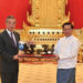 This photograph taken and released in August, 2024 by the Myanmar Military Information Team shows Myanmar's military chief Min Aung Hlaing (right) meeting with China's Foreign Minister Wang Yi in Nyapyidaw. China is a key ally of the military junta (-) (-/MYANMAR MILITARY INFORMATION TEAM/AFP)