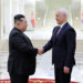 North Korean leader Kim Jong Un (L) greets Russian defence chief Andrei Belousov in Pyongyang (STR) (STR/KCNA VIA KNS/AFP)