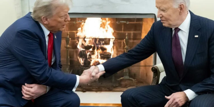 ‘Welcome back’: Trump, Biden shake hands in White House