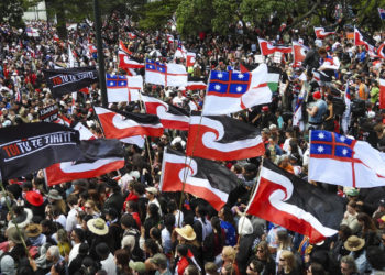Thousands of people gather outside New Zealand’s parliament to protest a proposed law that would redefine the country’s founding agreement between Indigenous Māori and the British Crown, in Wellington Tuesday, Nov. 19, 2024. (AP Photo/Charlotte Graham-McLay)