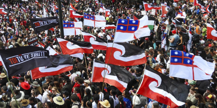 Thousands of people gather outside New Zealand’s parliament to protest a proposed law that would redefine the country’s founding agreement between Indigenous Māori and the British Crown, in Wellington Tuesday, Nov. 19, 2024. (AP Photo/Charlotte Graham-McLay)