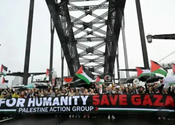 Assange joins pro-Palestinian protest on Sydney Harbour Bridge