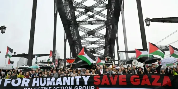 Assange joins pro-Palestinian protest on Sydney Harbour Bridge